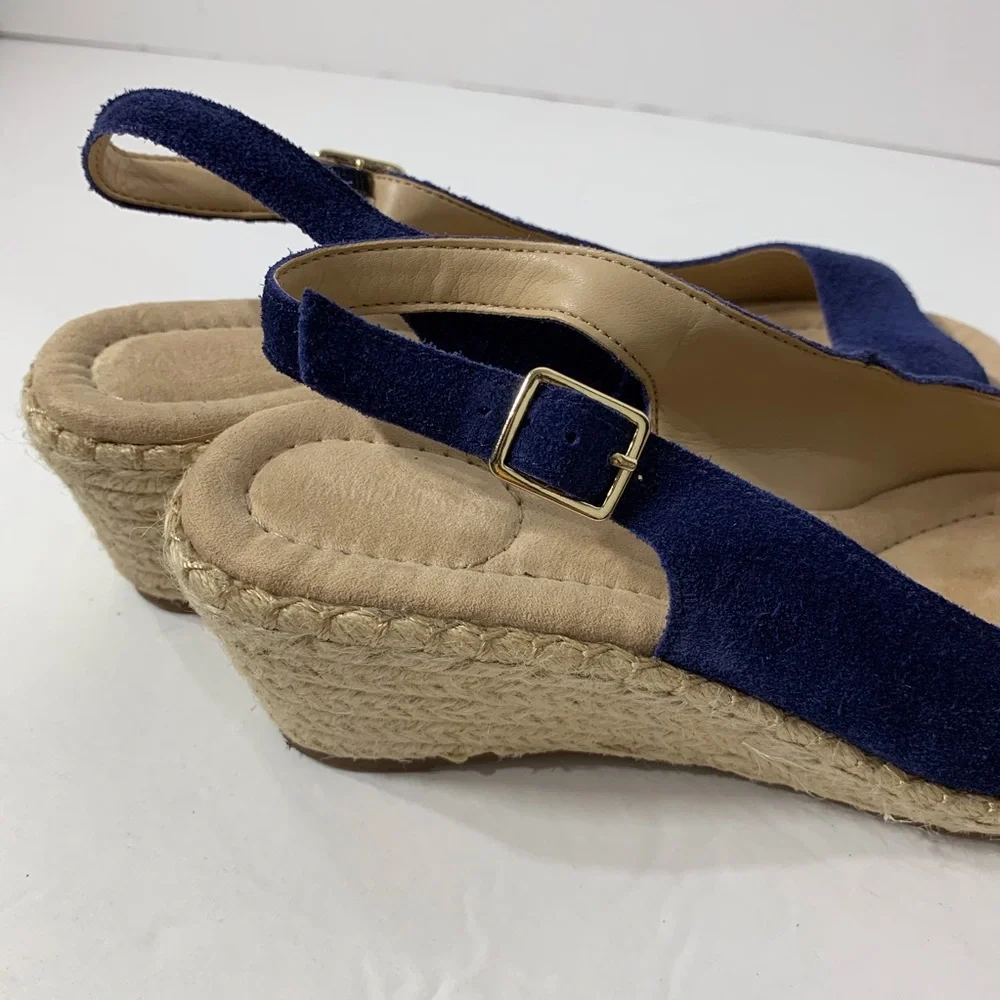 EUC Lands’ End Blue Suede Wedge Jute‎ Heel Sandals